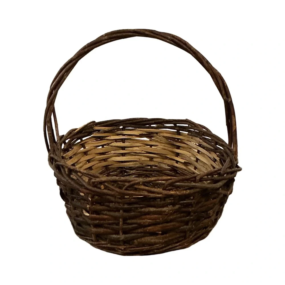 Vintage Rustic Woven Wicker‎ Basket Arched Handle Dark Wood Cottagecore Oval